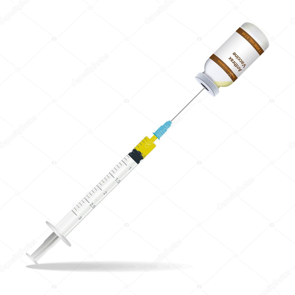 Immunization, Anthrax Vaccine Syringe Contain Some Injection And Injection Bottle Isolated On A White Background. Vector Illustration.