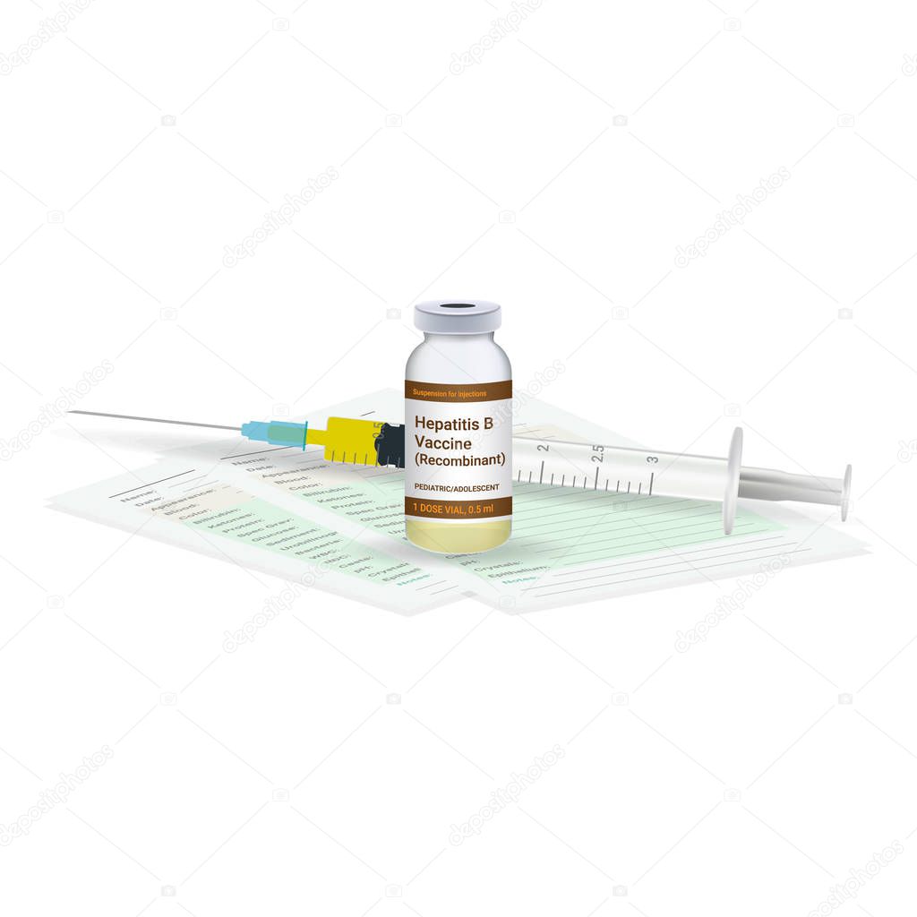 Immunization, Hepatitis Vaccine Medical Test, Vial And Syringe Ready For Injection A Shot Of Vaccine Isolated On A White Background. Vector Illustration.