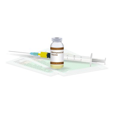 Bağışıklama, meningokok aşısı tıbbi Test, şişe ve şırınga beyaz bir arka plan üzerinde izole aşının enjeksiyon A atış için hazır. Vektör çizim.