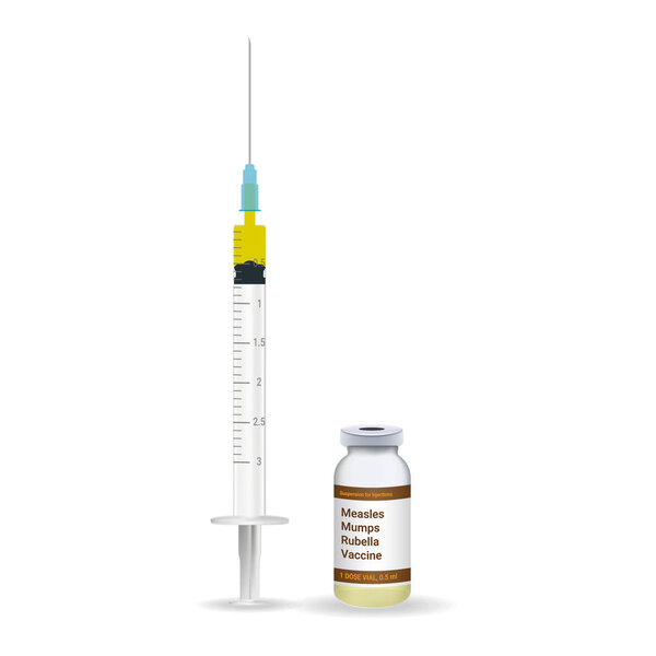 Immunization, Measles Mumps Rubella Vaccine Plastic Medical Syringe With Needle And Vial Isolated On A White Background. Vector Illustration.