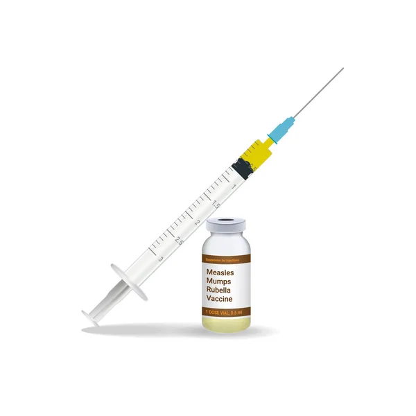 Inmunización, sarampión paperas jeringa de la vacuna de la rubéola con la vacuna amarilla, vial de la medicina aislado en un fondo blanco. Ilustración vectorial . — Vector de stock