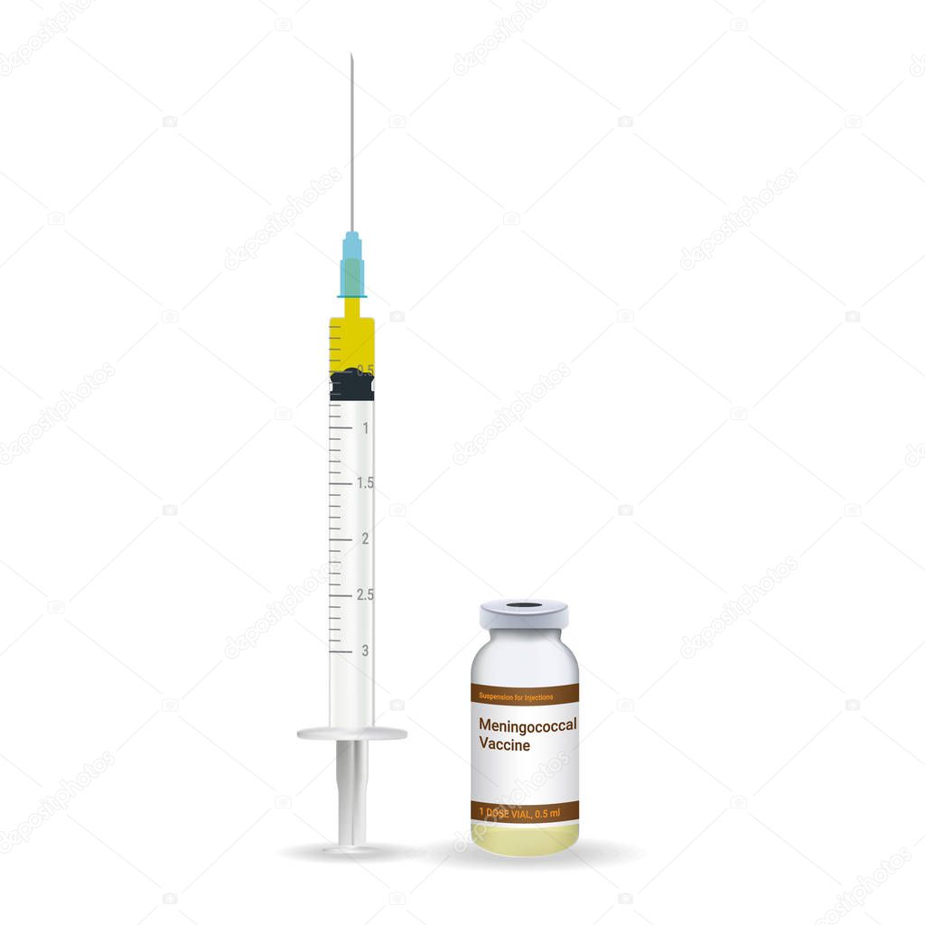 Immunization, Meningococcal Vaccine Plastic Medical Syringe With Needle And Vial Isolated On A White Background. Vector Illustration.