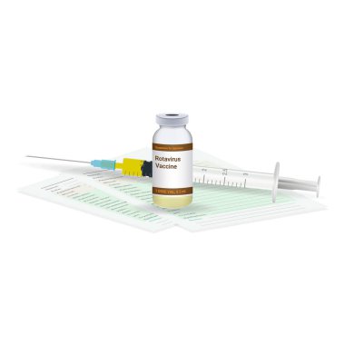 Bağışıklama, rotavirüs aşısı tıbbi Test, şişe ve şırınga beyaz bir arka plan üzerinde izole aşının enjeksiyon A atış için hazır. Vektör çizim.