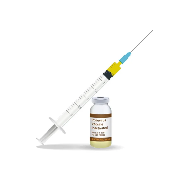 Inmunización, jeringa de la vacuna de la poliomielitis con la vacuna amarilla, frasco de la medicina aislado en un fondo blanco. Ilustración vectorial . — Vector de stock