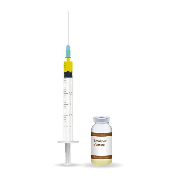 Imunização, vacina contra a varíola Seringa médica de plástico com agulha e frasco isolado em um fundo branco. Ilustração vetorial . — Vetor de Stock