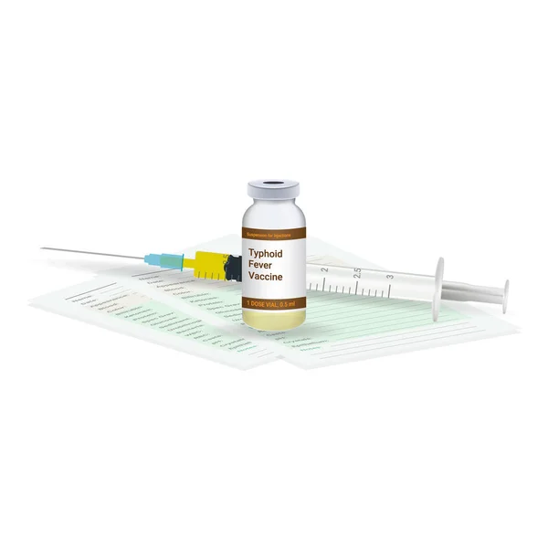 Ανοσοποίηση, ιατρική εξέταση εμβόλιο τυφοειδούς πυρετού, φιαλίδιο και σύριγγα έτοιμο για βολή μια ένεση εμβολίου που απομονώνονται σε λευκό φόντο. Εικονογράφηση διάνυσμα. — Διανυσματικό Αρχείο