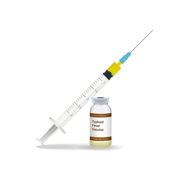 Inmunización, jeringa de la vacuna de la fiebre tifoidea con la vacuna amarilla, vial de la medicina aislado en un fondo blanco. Ilustración vectorial . — Archivo Imágenes Vectoriales
