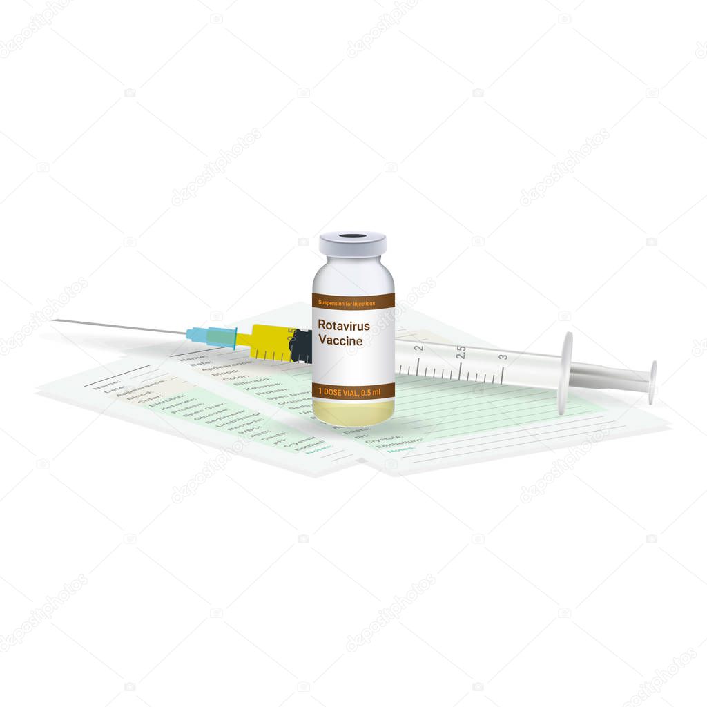 Immunization, Rotavirus Vaccine Medical Test, Vial And Syringe Ready For Injection A Shot Of Vaccine Isolated On A White Background. Vector Illustration.