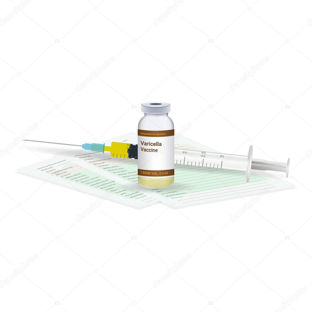 Immunization, Varicella Vaccine Medical Test, Vial And Syringe Ready For Injection A Shot Of Vaccine Isolated On A White Background. Vector Illustration.