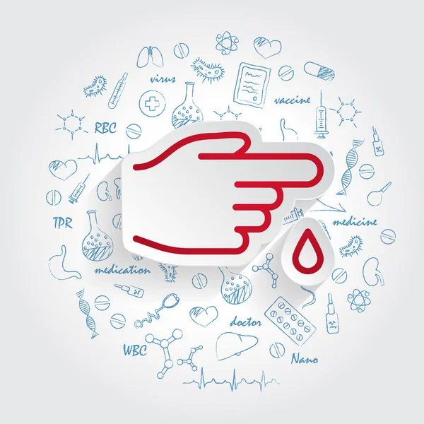 Finger mit Bluttropfen Illustration Symbol und handgezeichnete Gesundheitskritzeleien Hintergrund, isoliert — Stockvektor