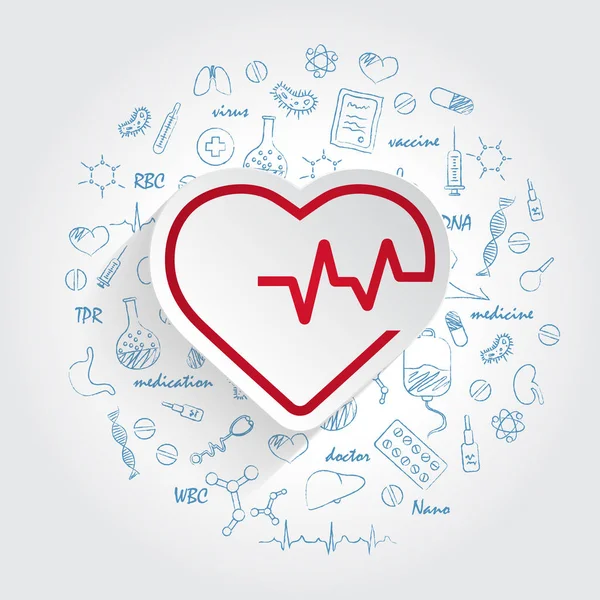 Herzschlag-Linie Kardiogramm-Symbol und handgezeichnete Gesundheitskritzeleien Hintergrund. Vektor — Stockvektor