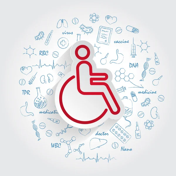 Disabled icon in trendy style isolated on handdrawn healthcare doodles background. Disabled icon page symbol for your web site design Disabled icon logo, app, UI. Disabled icon Vector illustration — Stock Vector