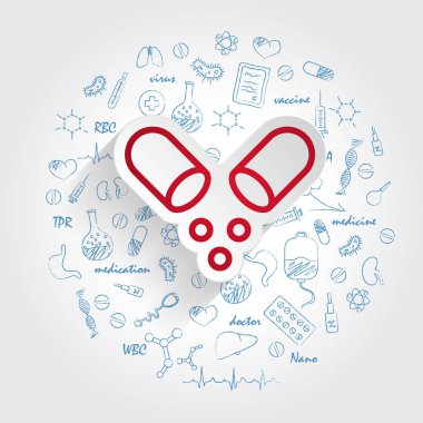 Vitamini simgesi handdrawn sağlık üzerinde arka plan doodles. Vektör çizim