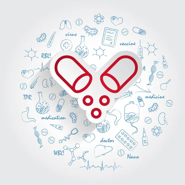 Vitamin-Symbol auf handgezeichneten Gesundheitskritzeleien Hintergrund. Vektorillustration — Stockvektor