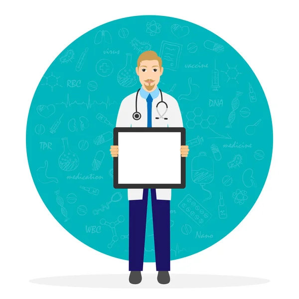 Cute cartoon character, professional male doctor holding blank placard. Vector illustration on white background. — Stock Vector