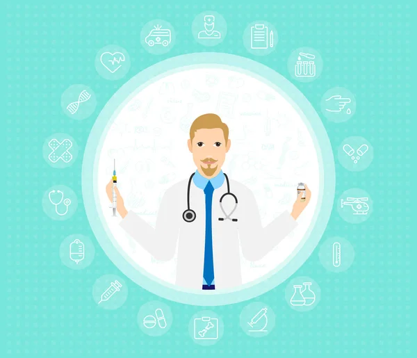 Moderne doctor in de witte jas en stethoscoop adviesverlening over vaccinatie. Cartoon vectorillustratie — Stockvector