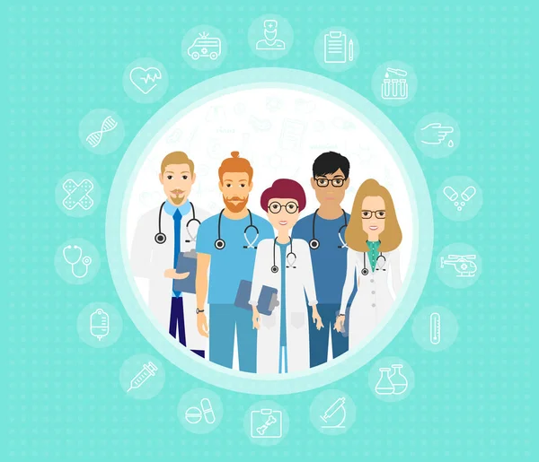 Vektorové ilustrace z týmu lékařů. Šťastný a úsměv zdravotníci. Zaměstnanci nemocnice v uniformě v kreslené plochý. — Stockový vektor