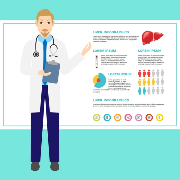 Revise el póster de salud de sus órganos internos, incluidos los personajes de dibujos animados médicos y el icono del hígado. Ilustración vectorial en diseño plano, elementos infográficos médicos — Archivo Imágenes Vectoriales