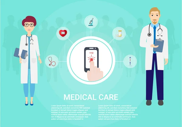 Concept gezondheidszorg. Medische achtergrond. Set iconen van medische apparatuur. Arts en patiënt geïsoleerd op achtergrond. — Stockvector