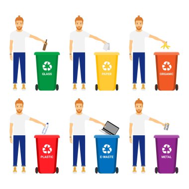 Vektör plastik, metal, toplama halkı kağıt, e-atık, cam, organik atık geri dönüşüm için ayarla.
