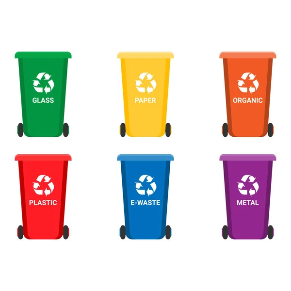 Papeleras de reciclaje colorido aislado blanco, conjunto de vectores. Envases grandes para la clasificación de residuos de reciclaje: plástico, vidrio, metal, residuos electrónicos, orgánicos, papel . — Vector de stock