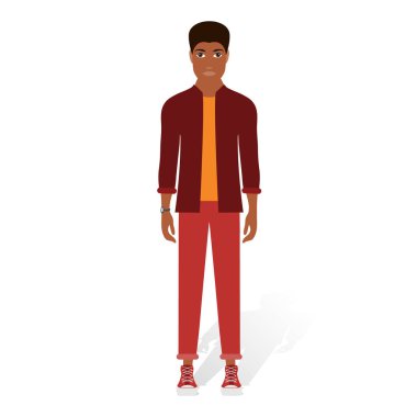 Beyaz arka planda Casual giysiler siyah adam vektör Illustration. Karikatür gerçekçi insanlar esnaf.