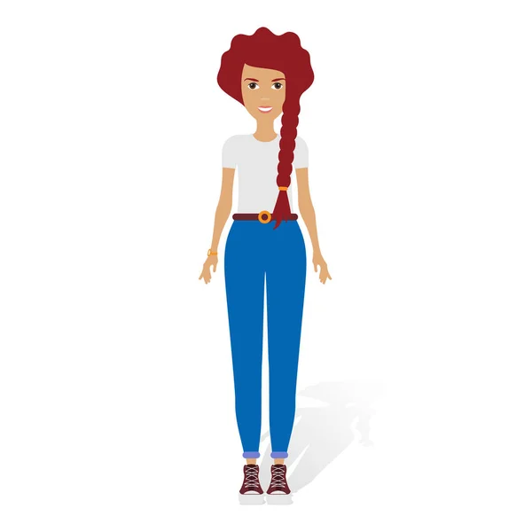 Jeune femme en tenue tendance. Personnages féminins de dessins animés habillés dans des vêtements modernes à la mode. Des gens élégants. Illustration colorée dans un style plat — Image vectorielle