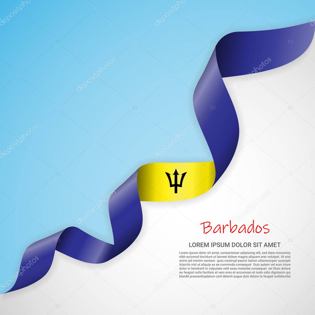 Vector banner in white and blue colors and waving ribbon with flag of Barbados. Template for poster design, brochures, printed materials, logos, independence day.