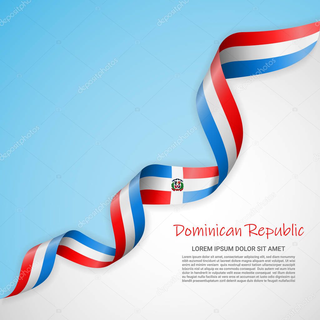 Vector banner in white and blue colors and waving ribbon with flag of Dominicanrepublic. Template for poster design, brochures, printed materials, logos, independence day.