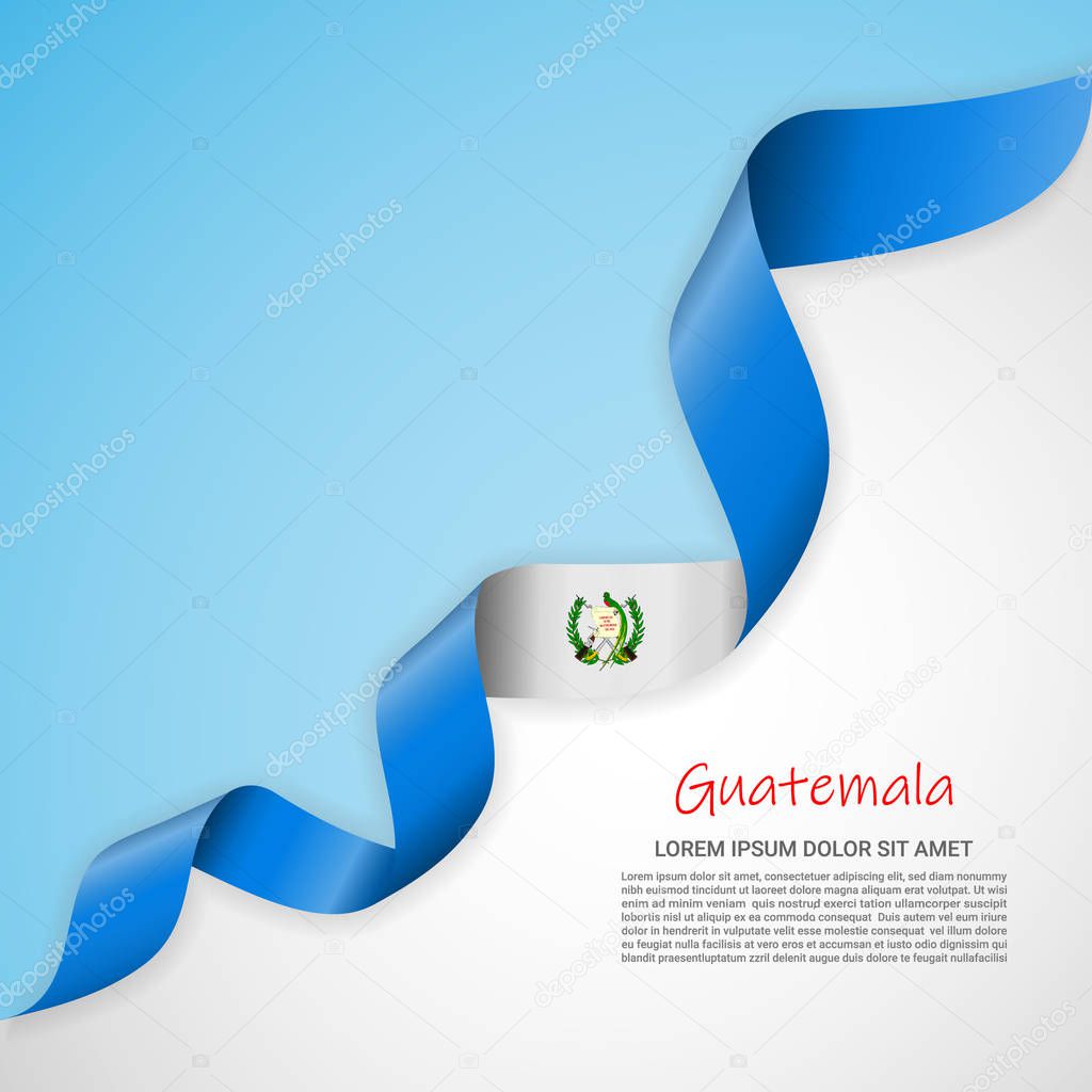 Vector banner in white and blue colors and waving ribbon with flag of Guatemala. Template for poster design, brochures, printed materials, logos, independence day.