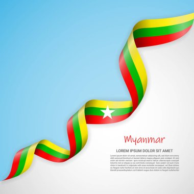 Beyaz ve mavi renkleri ve Myanmar bayrağı sallayarak şerit vektör afiş. Afiş tasarımı, broşür, basılı malzemeler, logolar, Bağımsızlık günü için şablon.