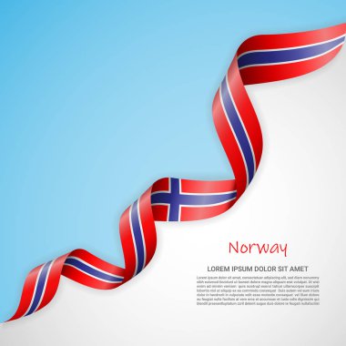 Beyaz ve mavi renkleri ve Norveç bayrağı sallayarak şerit vektör afiş. Afiş tasarımı, broşür, basılı malzemeler, logolar, Bağımsızlık günü için şablon.