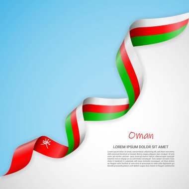 Beyaz ve mavi renkleri ve Umman bayrağı sallayarak şerit vektör afiş. Afiş tasarımı, broşür, basılı malzemeler, logolar, Bağımsızlık günü için şablon.