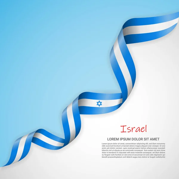 Vektor nápis v bílé a modré barvy a vlající stuha s vlajkou Izraele. Šablona pro návrh plakátu, brožury, tiskoviny, loga, Den nezávislosti. — Stockový vektor