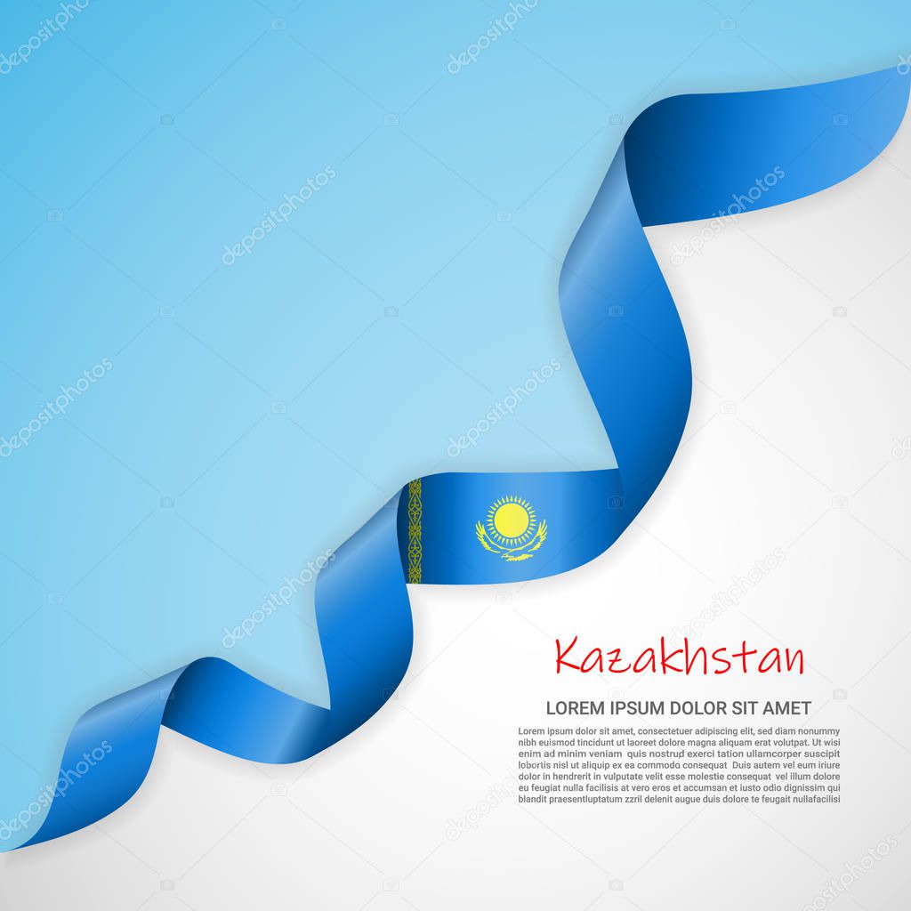 Vector banner in white and blue colors and waving ribbon with flag of Kazakhstan. Template for poster design, brochures, printed materials, logos, independence day.