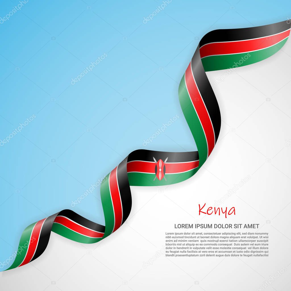 Vector banner in white and blue colors and waving ribbon with flag of Kenya. Template for poster design, brochures, printed materials, logos, independence day.