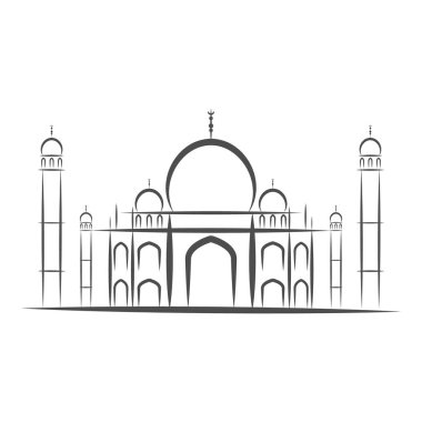 Tapınak Taj Mahal, Agra, Hindistan simgeler siyah beyaz siluet izole-vektör çizim. Beyaz arka plan.
