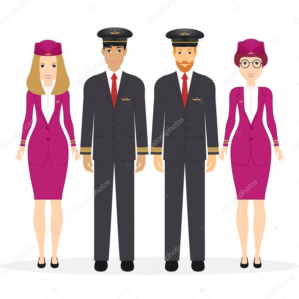 Welcome to travel by plane. Pilot, capitan, flying attendants, air hostess. Vector illustration cartoon character