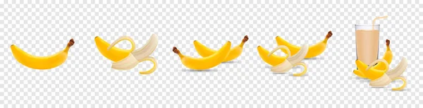 Ensemble de bananes d'illustration vectorielles 3D réalistes. Banane, banane demi-pelée, jus de banane isolé sur fond transparent, icône de banane — Image vectorielle