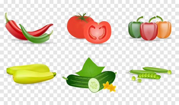 Gemüse setzt Vektorillustration. Tomaten, grüne Gurken, Paprika, Zukini und Erbsenschoten. Isolierter 3D-Vektor-Icon-Satz, Folge 10 — Stockvektor