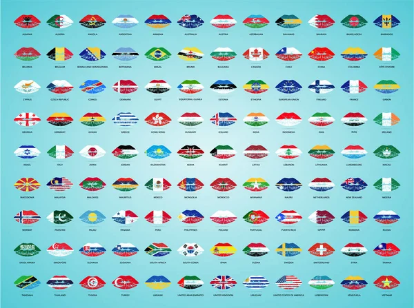 Banderas nacionales de todo el mundo con lápiz labial en los labios aislado en un fondo blanco. Ilustración vectorial. Marca de beso en colores y proporciones oficiales. Día de la Independencia. Eps 10 — Vector de stock