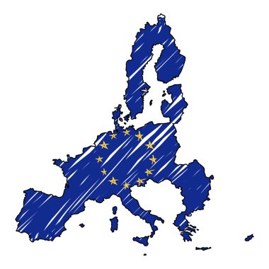 Avrupa Birliği haritası el çizilmiş kroki. Vektör kavramı illüstrasyon bayrağı, çocuk çizim, karalama haritası. Beyaz arka planda izole edilmiş bilgi grafiği, broşürler ve sunumlar için ülke haritası. Vektör
