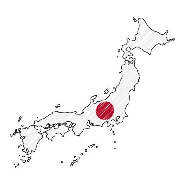 Japonya harita el çizilmiş kroki. Vektör kavramı illüstrasyon bayrağı, çocuk çizim, karalama haritası. Beyaz arka planda izole edilmiş bilgi grafiği, broşürler ve sunumlar için ülke haritası. Vektör