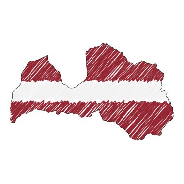 Latvia map hand drawn sketch. Vector concept illustration flag, childrens drawing, scribble map. Country map for infographic, brochures and presentations isolated on white background. Vector clipart