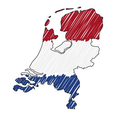 Hollanda harita el çizilmiş kroki. Vektör kavramı illüstrasyon bayrağı, çocuk çizim, karalama haritası. Beyaz arka planda izole edilmiş bilgi grafiği, broşürler ve sunumlar için ülke haritası. Vektör