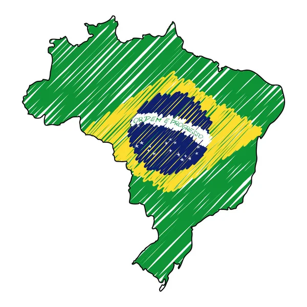 Handgezeichnete Skizze der brasilianischen Landkarte. Vektor-Konzept Illustration Flagge, Kinder Zeichnung, Kritzelkarte. Länderkarte für Infografik, Broschüren und Präsentationen isoliert auf weißem Hintergrund. Vektor — Stockvektor