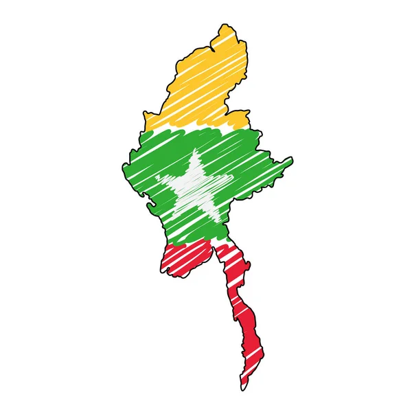 Карта Мьянмы нарисована вручную. Векторная концепция иллюстрации флага, детский рисунок, каракули карты. Карта страны для инфографики, брошюр и презентаций выделена на белом фоне. Вектор — стоковый вектор