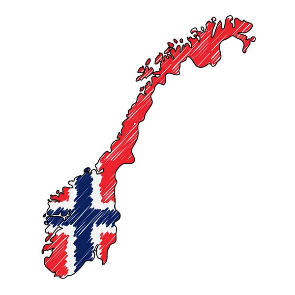 Norge karta handritad skiss. Vektorkoncept illustration flagga, barnens ritning, klotter karta. Landskarta för infografik, broschyrer och presentationer isolerade på vit bakgrund. Vektor — Stock vektor