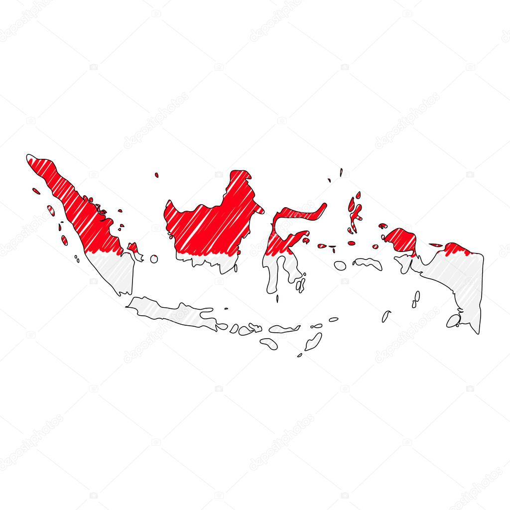 Indonesia map hand drawn sketch. Vector concept illustration flag, childrens drawing, scribble map. Country map for infographic, brochures and presentations isolated on white background. Vector