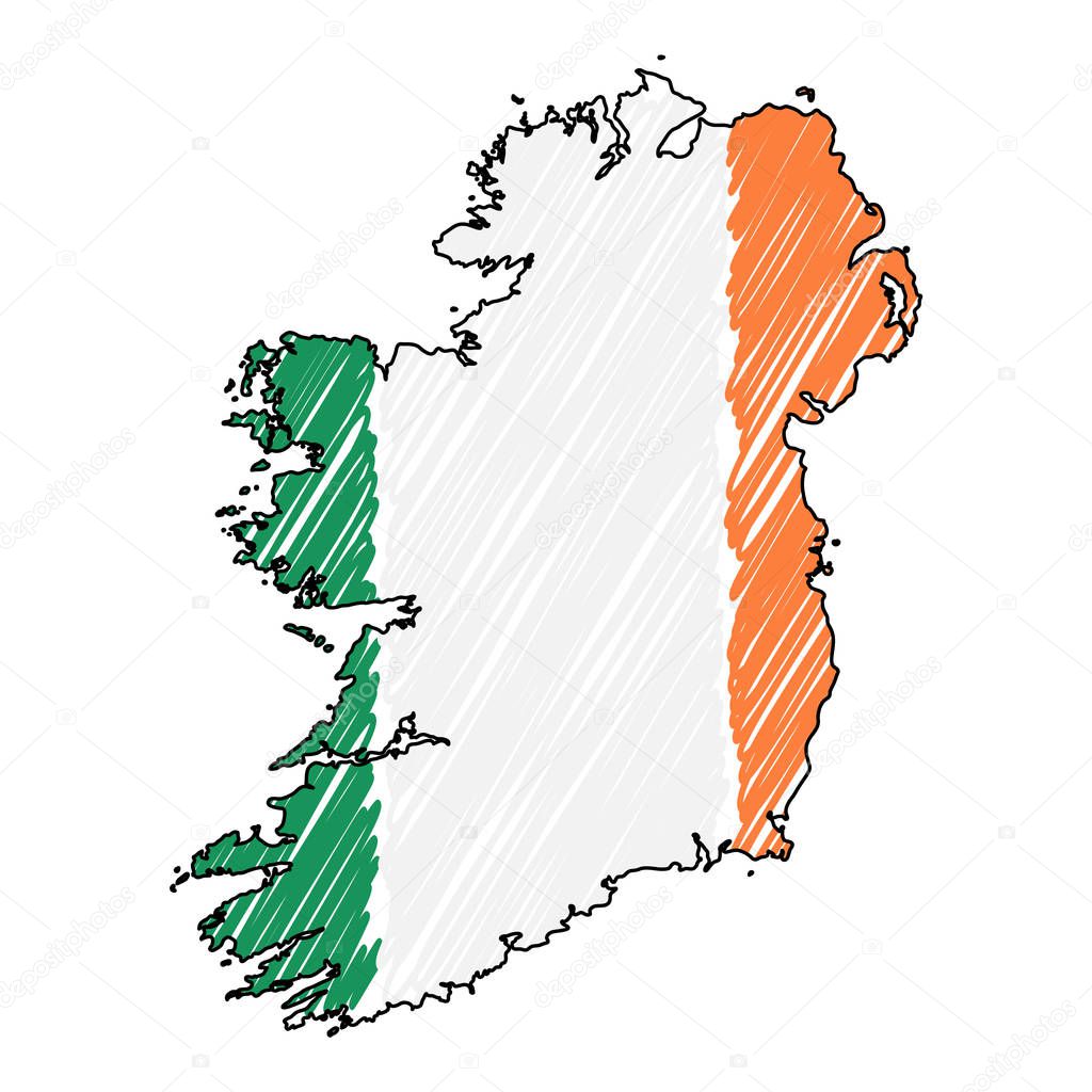 Ireland map hand drawn sketch. Vector concept illustration flag, childrens drawing, scribble map. Country map for infographic, brochures and presentations isolated on white background. Vector